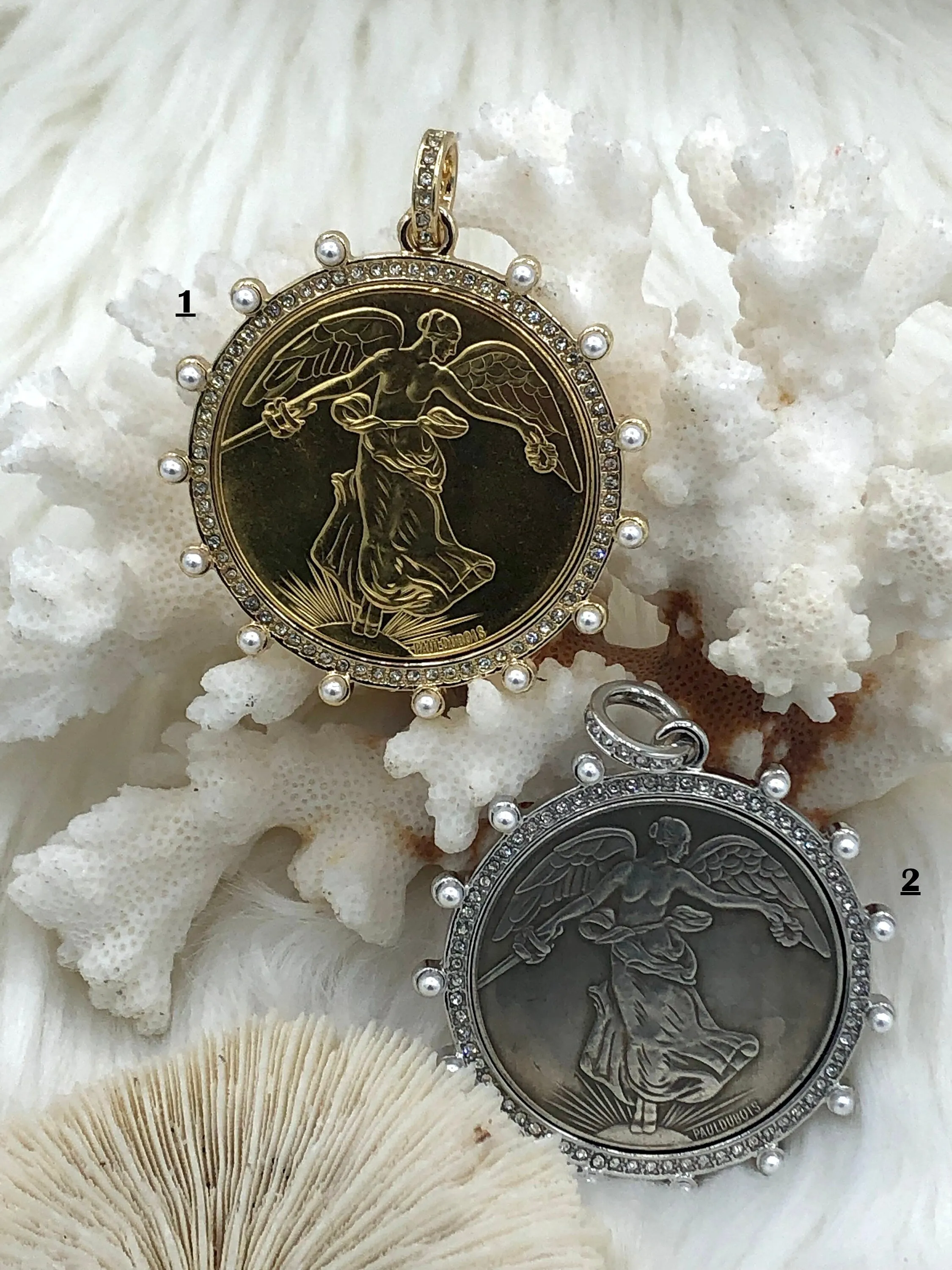 Reproduction French Commemorative Medal Coin Pendant, French coin, Art Deco Coin, Antique Coin Bezel W/Pearl & CZ 2 Styles. Fast Ship