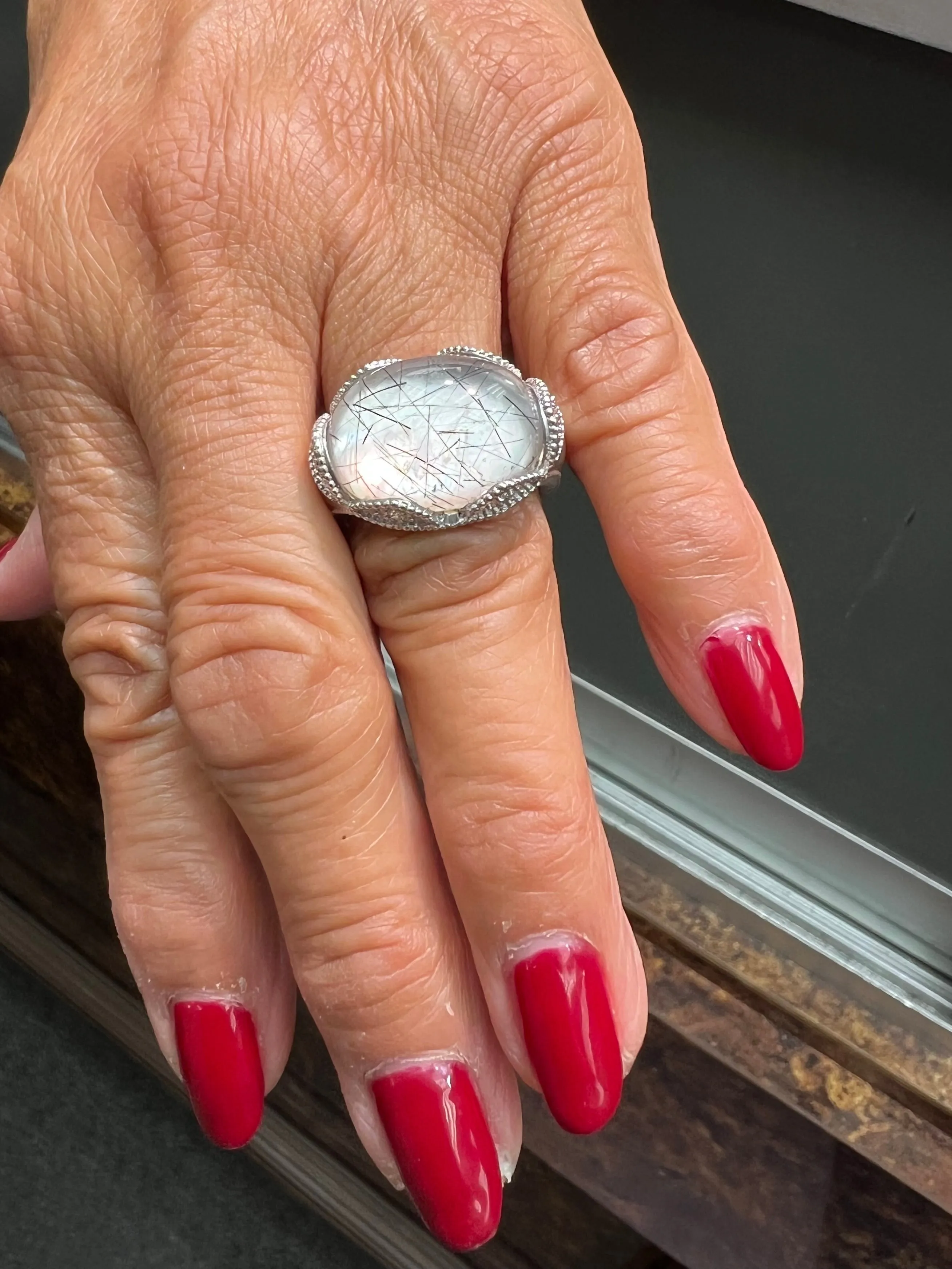 Rutilated Quartz Diamond White Gold Ring