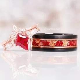 Skye Ruby & Rose Gold Leaf Couples Ring