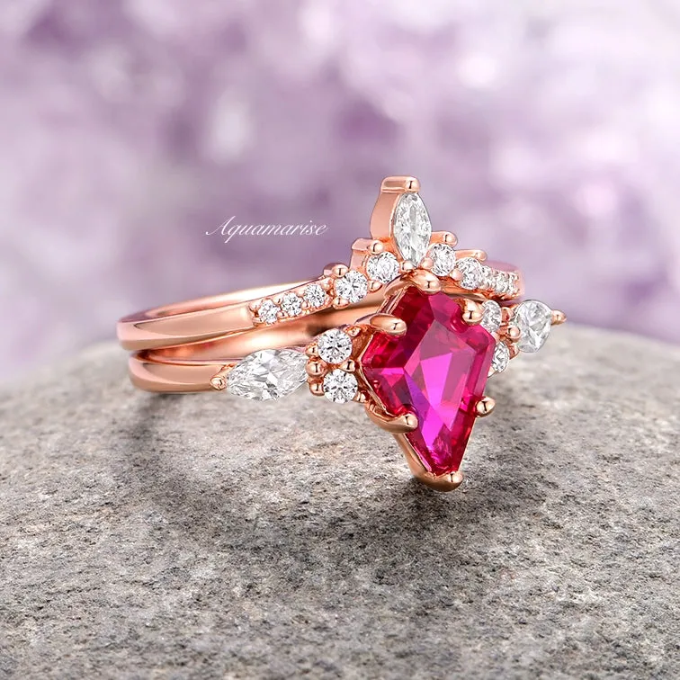 Skye Ruby & Rose Gold Leaf Couples Ring