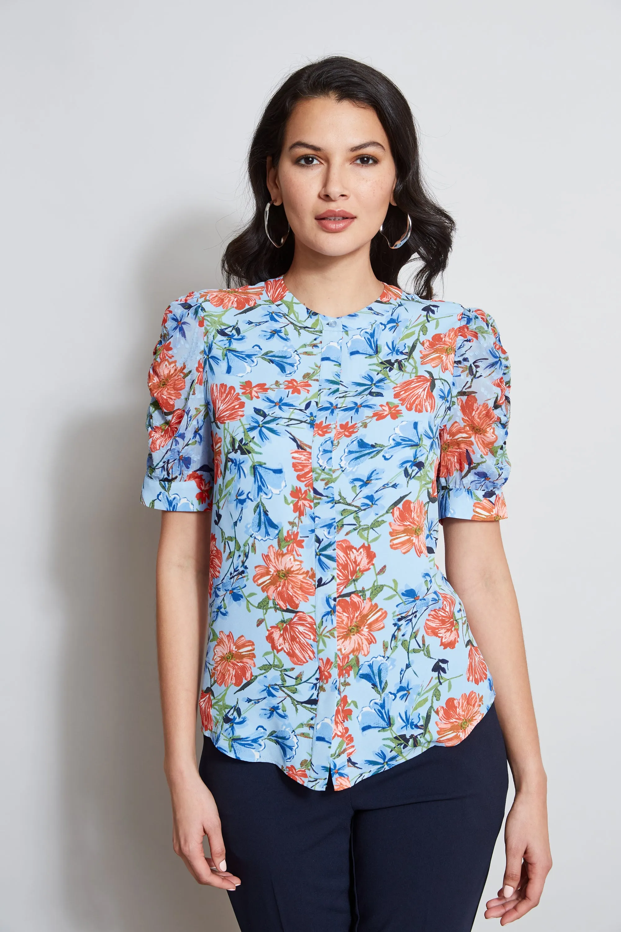 T-Tahari Garden Floral Puff Sleeve Shirt