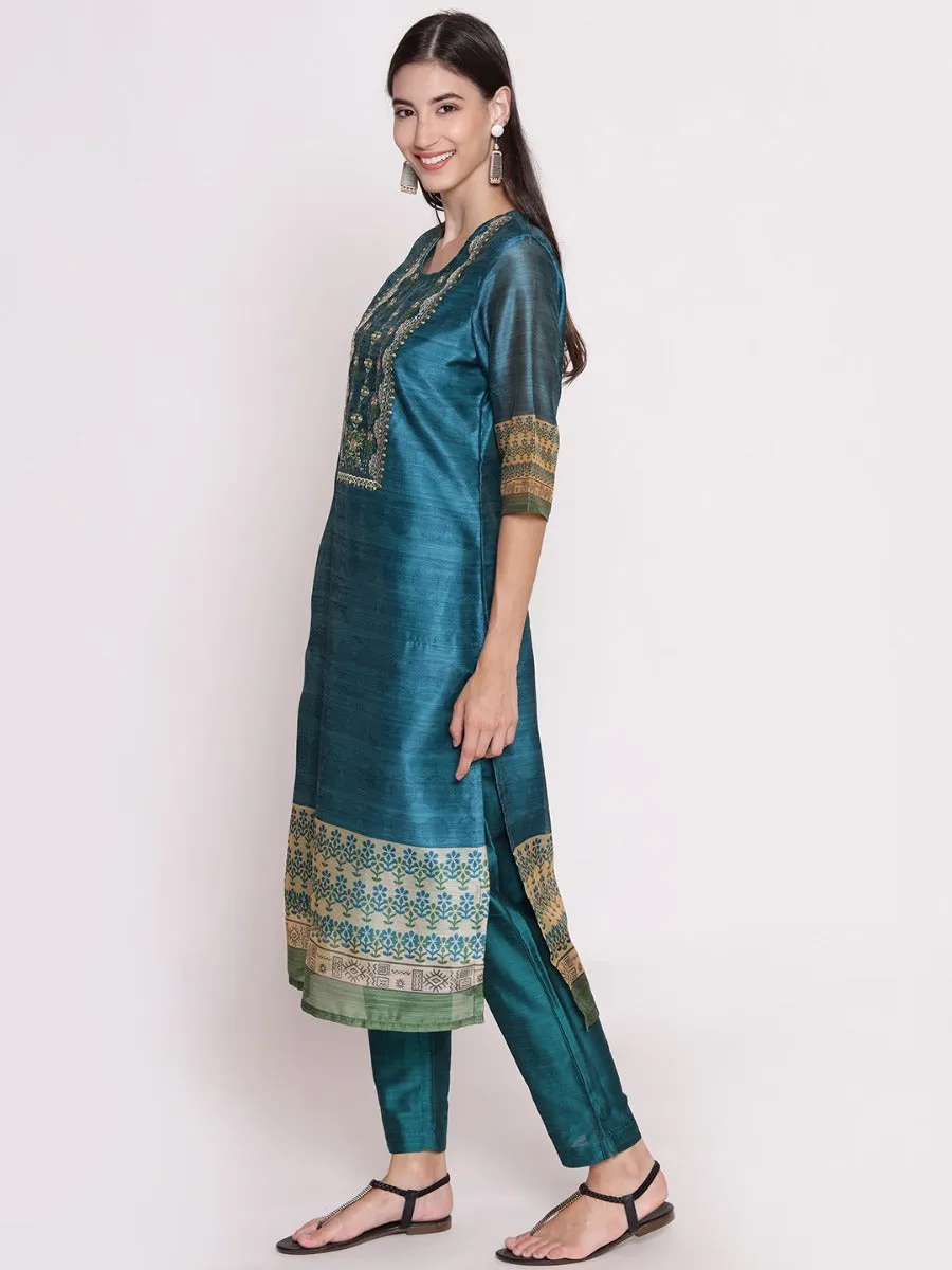 Teal Floral Printed Kurta Trouser Dupatta