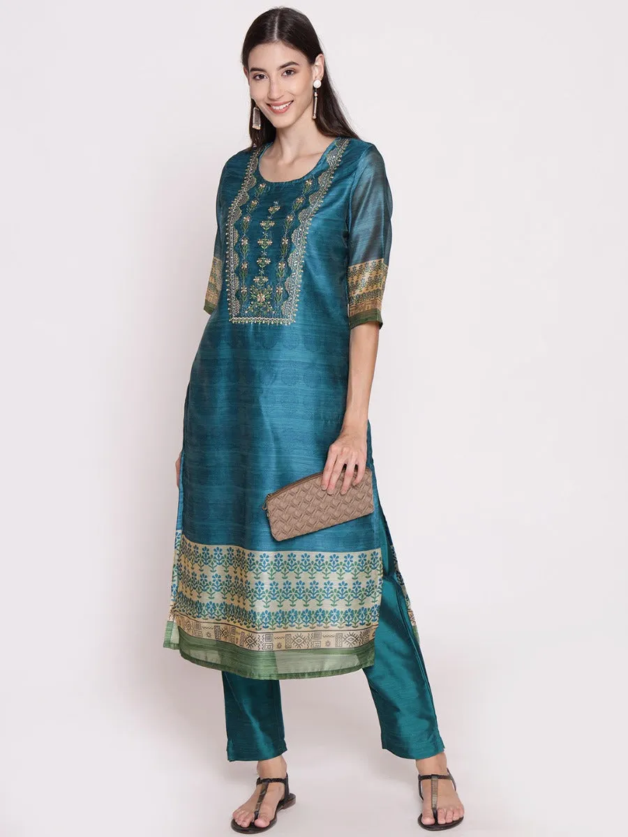 Teal Floral Printed Kurta Trouser Dupatta