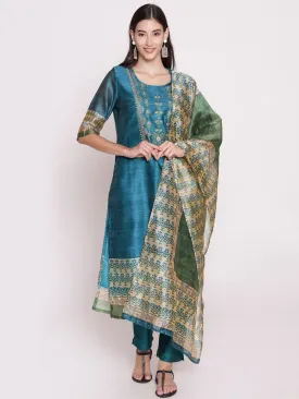 Teal Floral Printed Kurta Trouser Dupatta