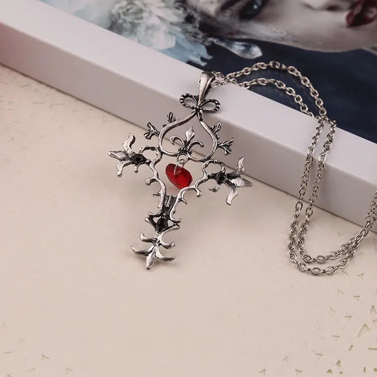 The Vampire Diaries Necklace Cross Red Heart Crystal Pendant Vintage Baroque Gothic