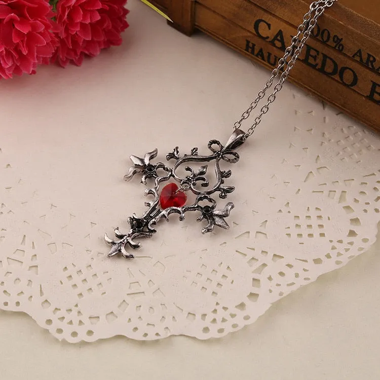 The Vampire Diaries Necklace Cross Red Heart Crystal Pendant Vintage Baroque Gothic