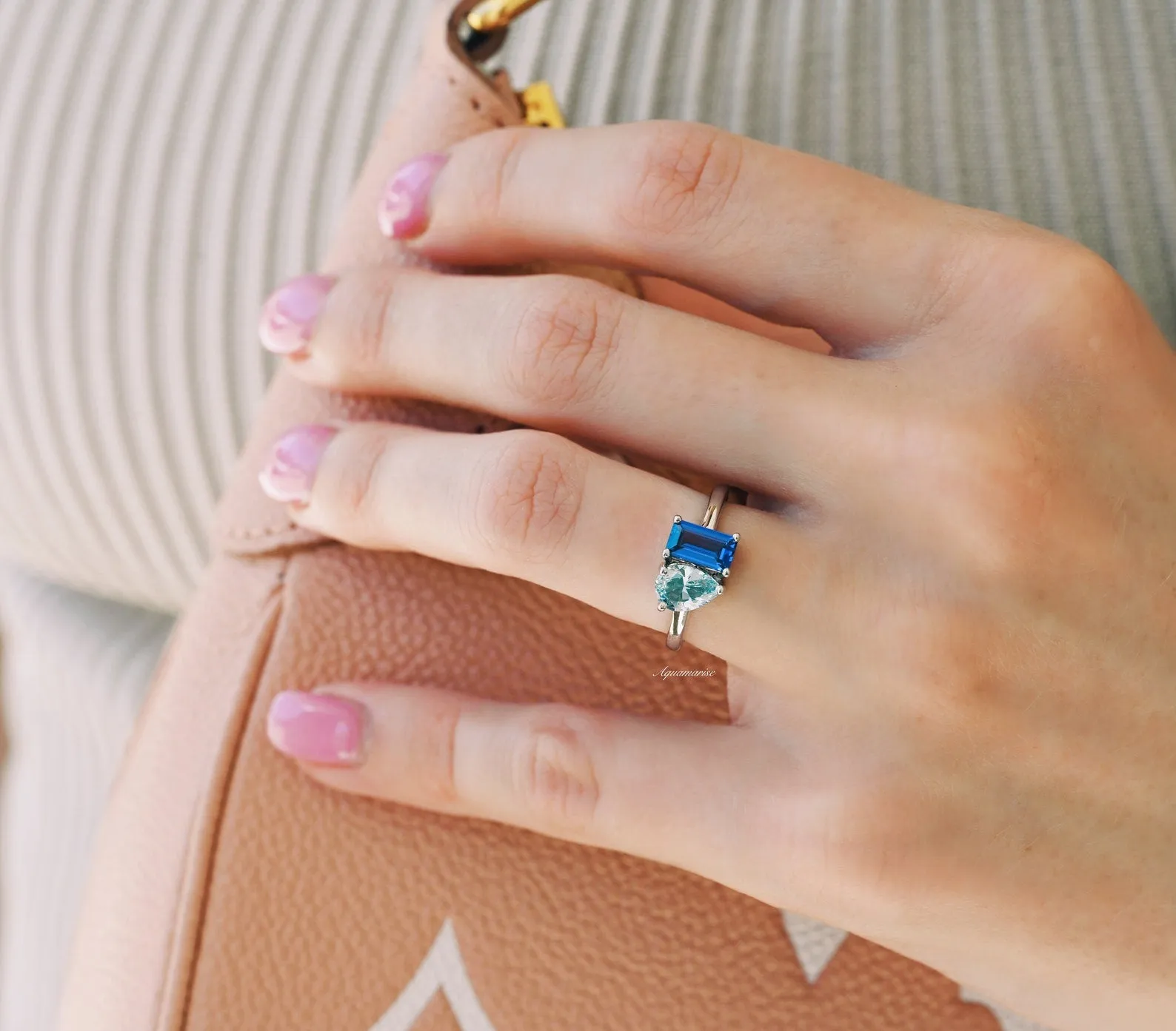 'Toi Et Moi' Blue Sapphire & Aquamarine Ring- 925 Sterling Silver