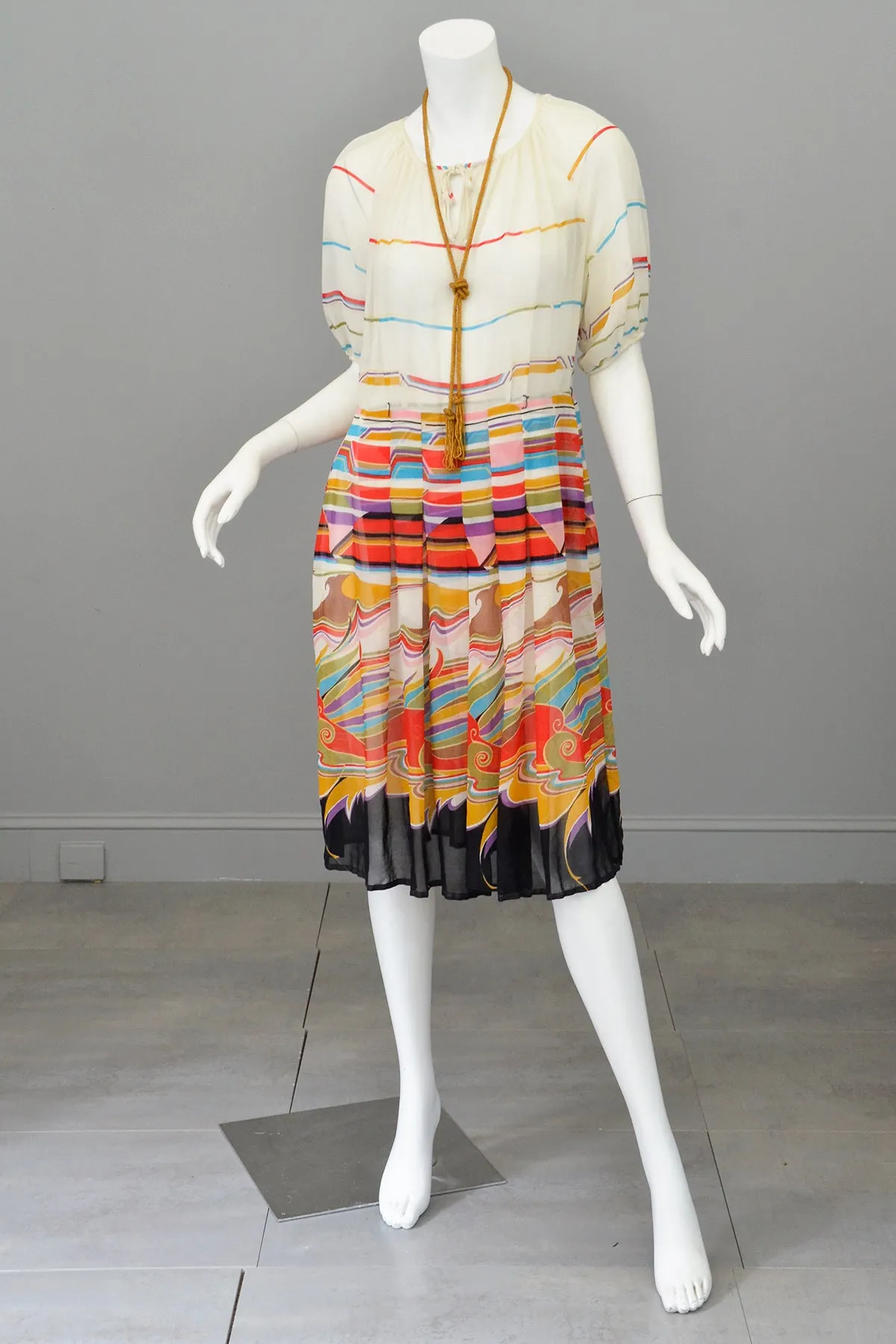 Vintage 1930s Style Peasant Dress in Vibrant Geometric Print