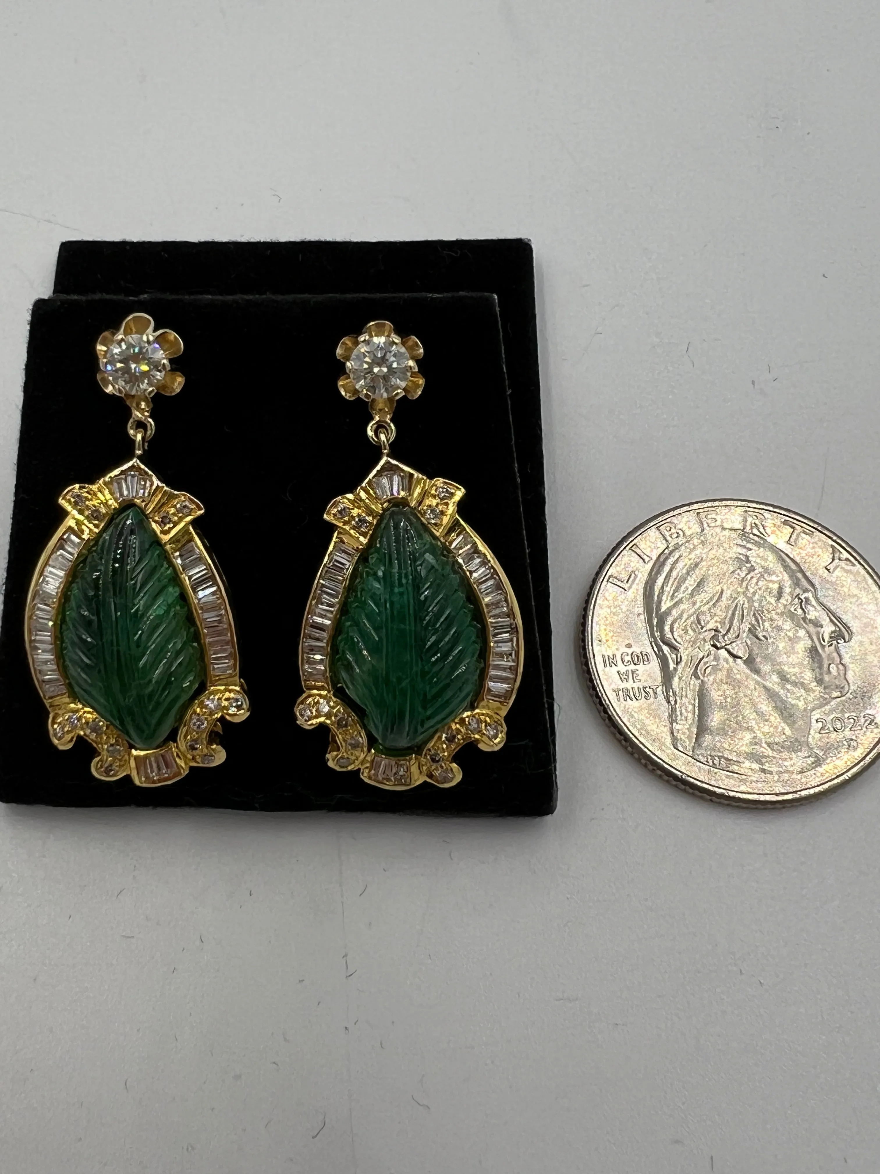 Vintage Carved Emerald Diamond Gold Earrings