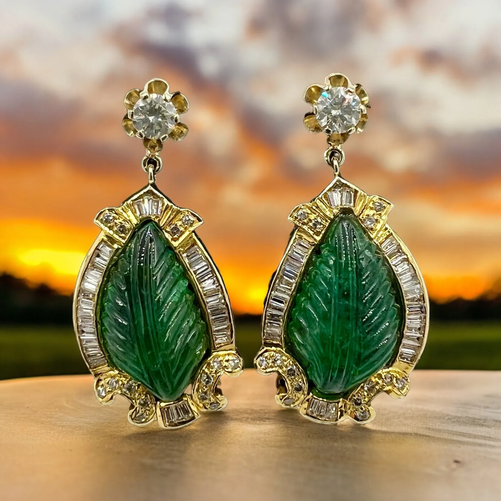 Vintage Carved Emerald Diamond Gold Earrings