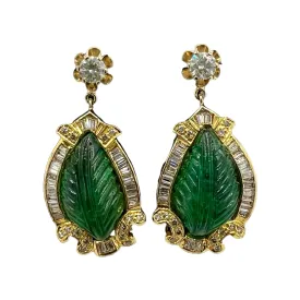 Vintage Carved Emerald Diamond Gold Earrings