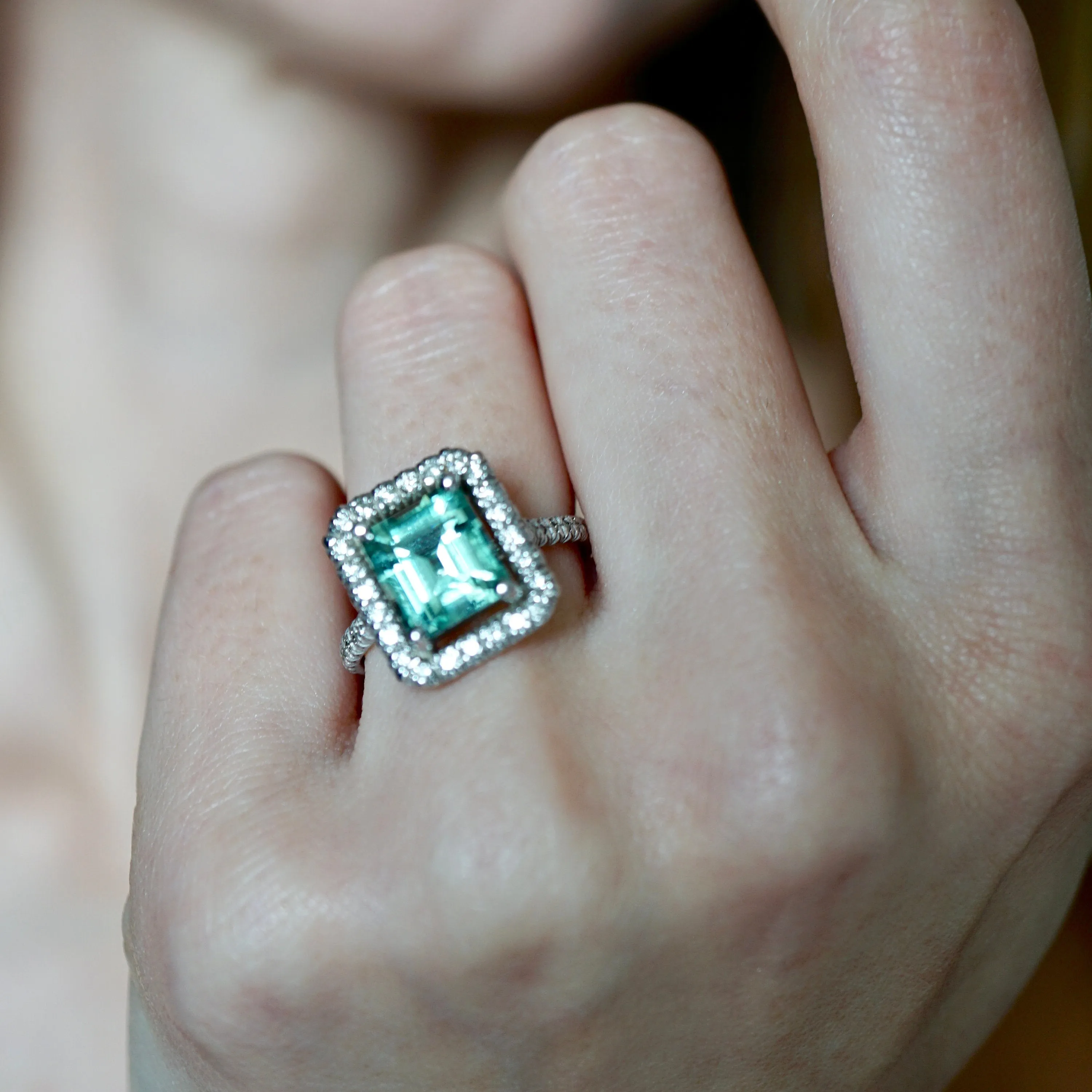 Vintage Emerald Diamond Ring - Mint Emerald White Gold Ring