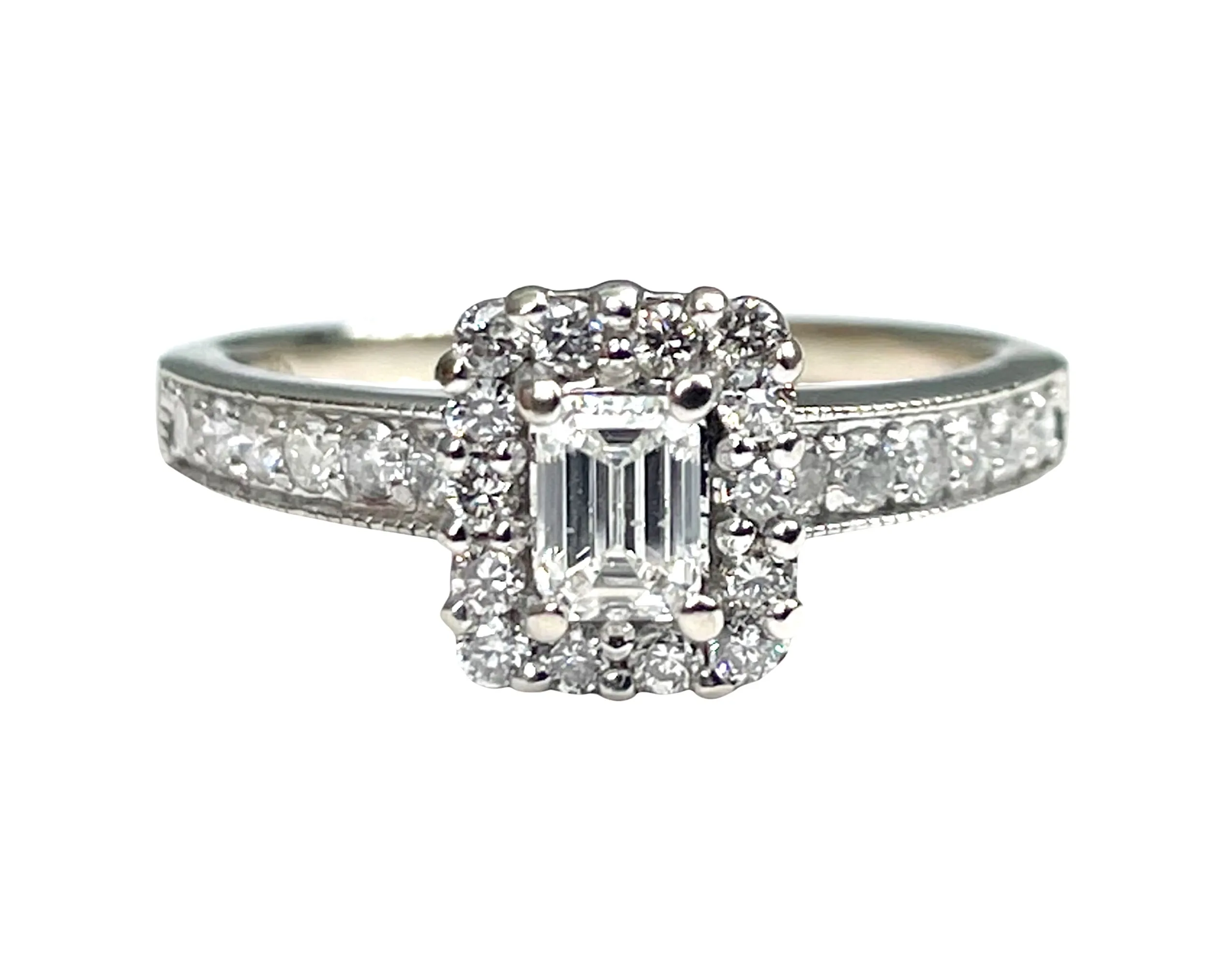 White Gold and Emerald Cut Diamond Halo Ring (Authentic Pre-Owned)