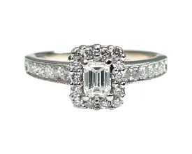 White Gold and Emerald Cut Diamond Halo Ring (Authentic Pre-Owned)