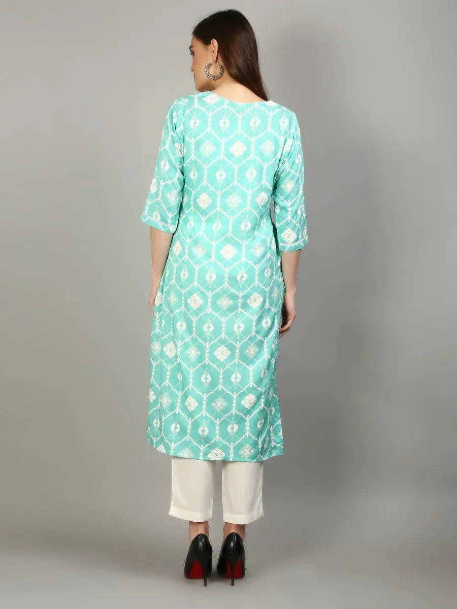 Women Aqua Blue Geometric Printed Kurta Trouser Dupatta