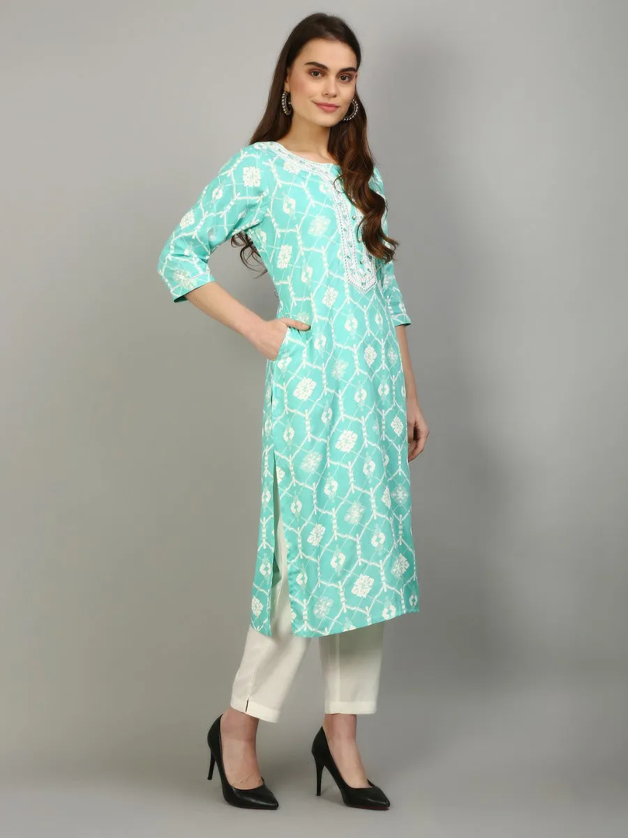 Women Aqua Blue Geometric Printed Kurta Trouser Dupatta