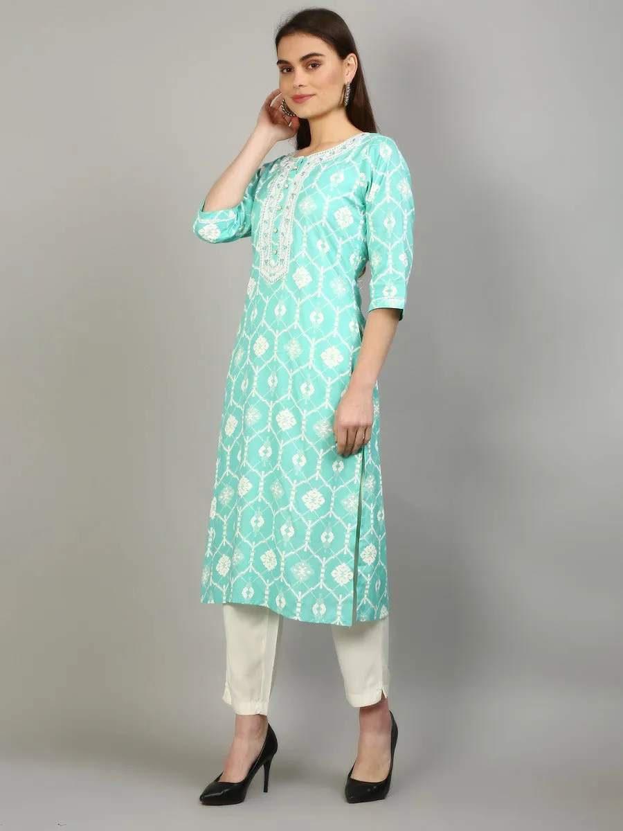 Women Aqua Blue Geometric Printed Kurta Trouser Dupatta