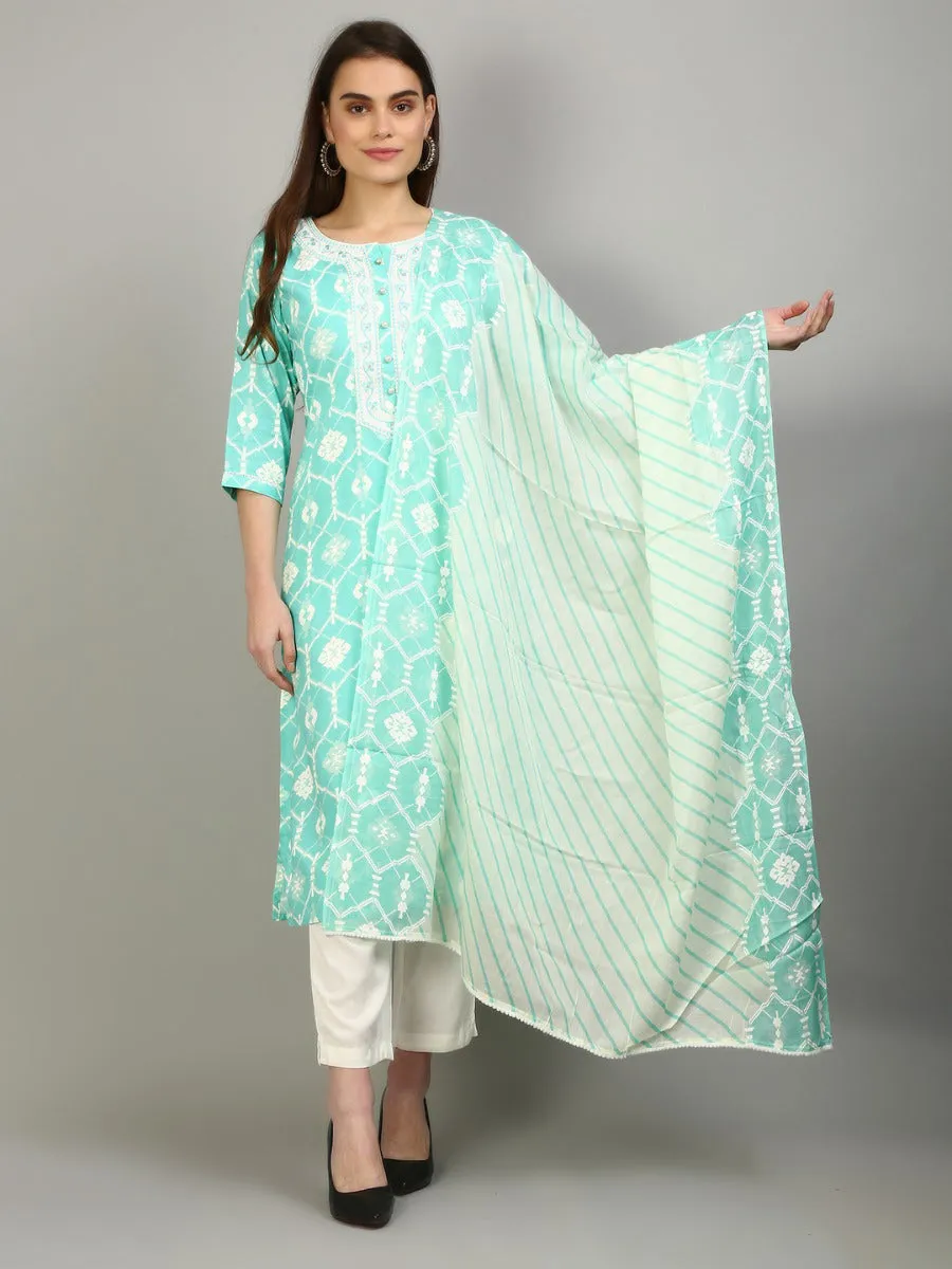 Women Aqua Blue Geometric Printed Kurta Trouser Dupatta