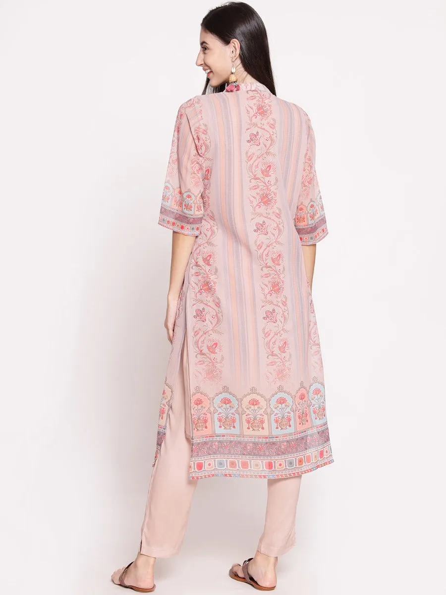 Women Beige Floral Printed Kurta With Trouser