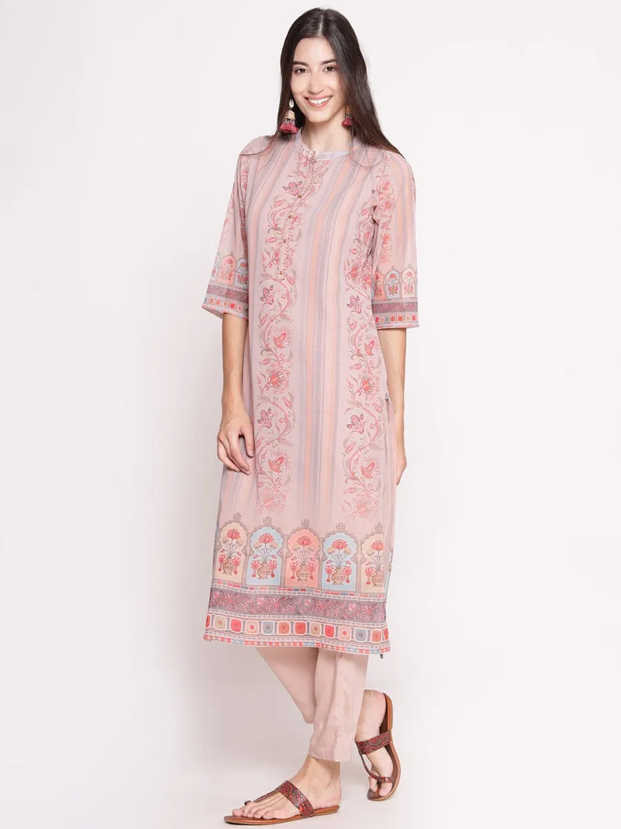 Women Beige Floral Printed Kurta With Trouser