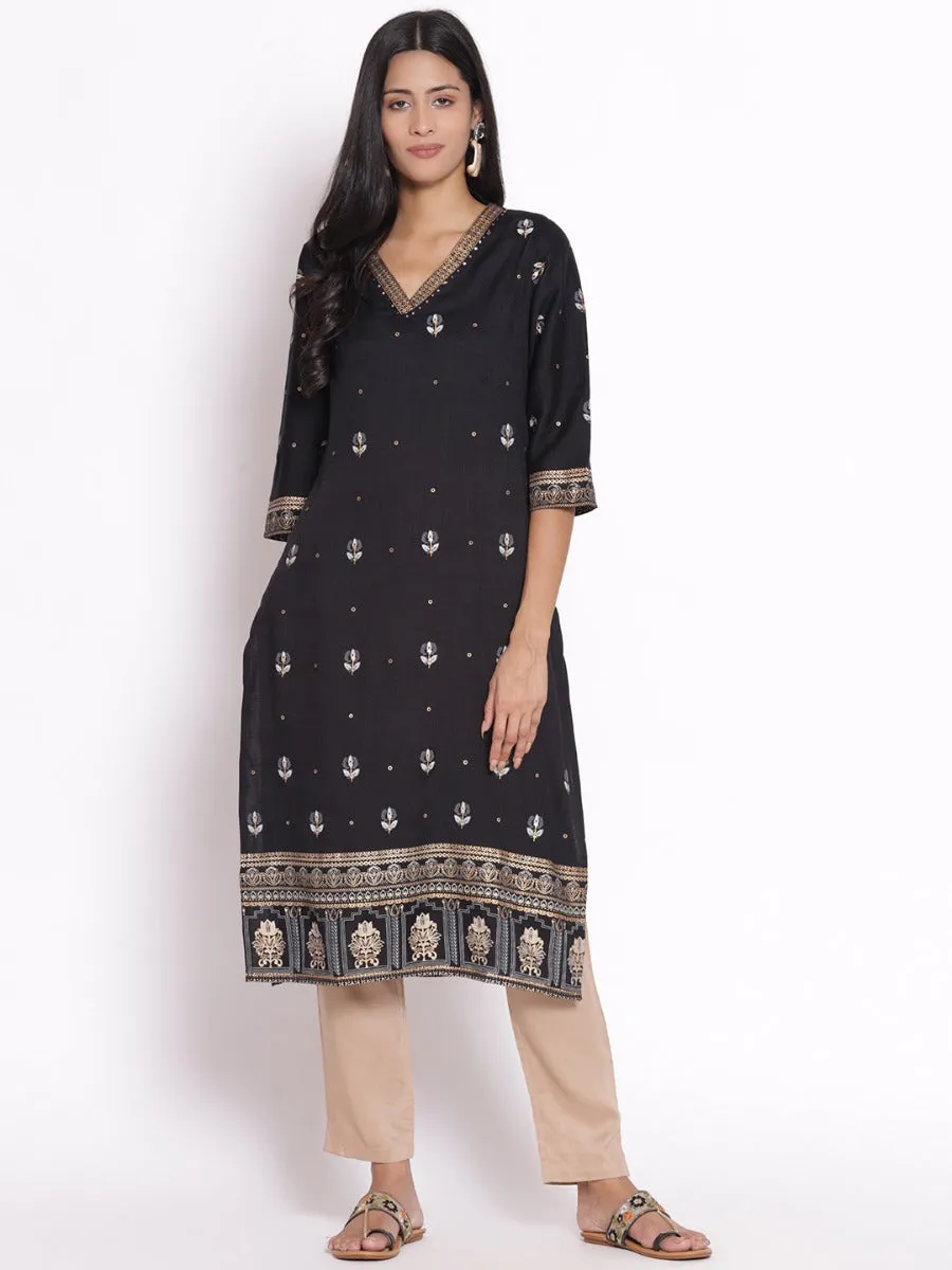 Women Black Floral Printed Kurta Trouser Dupatta