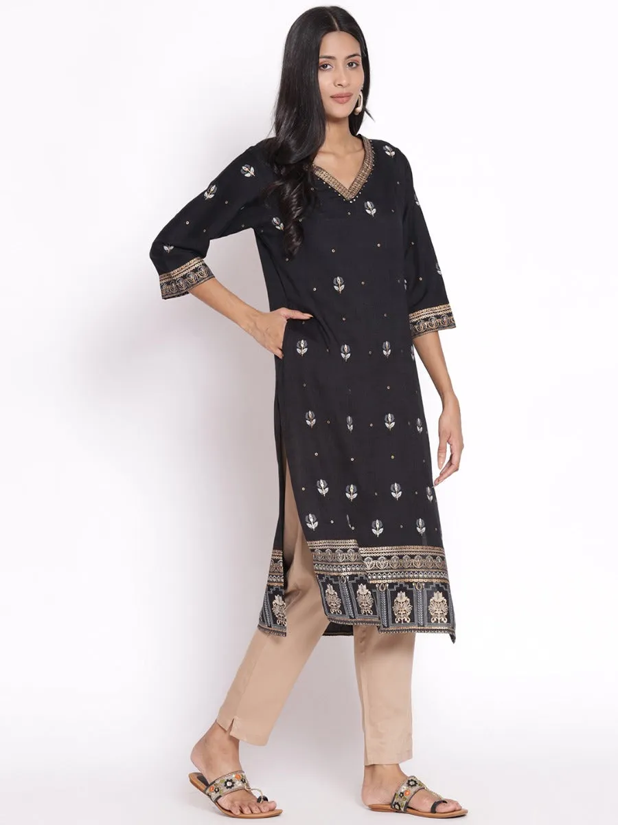 Women Black Floral Printed Kurta Trouser Dupatta