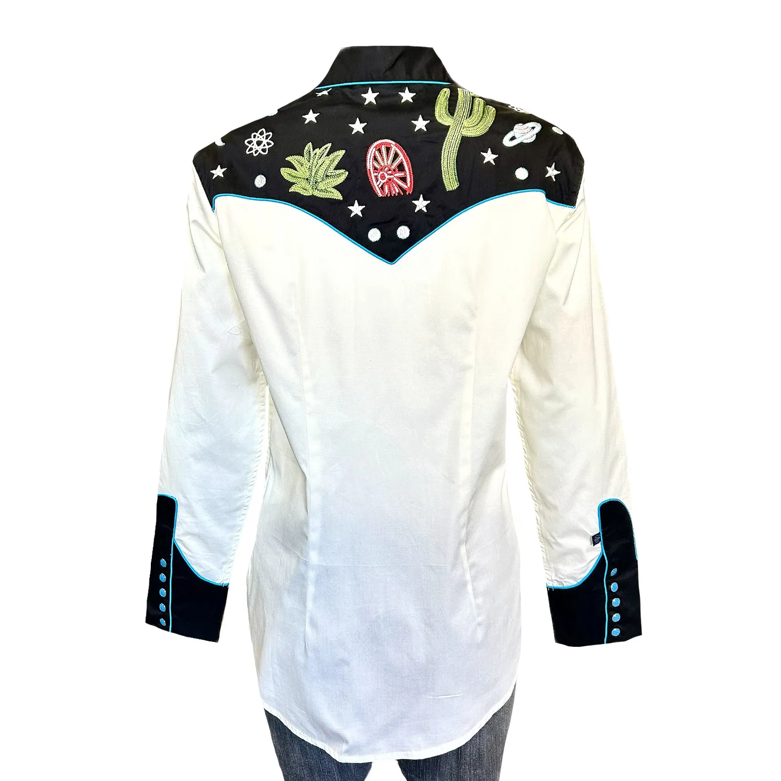 Women's Black Vintage Cactus & Stars Chain Stitch Embroidery Western Shirt