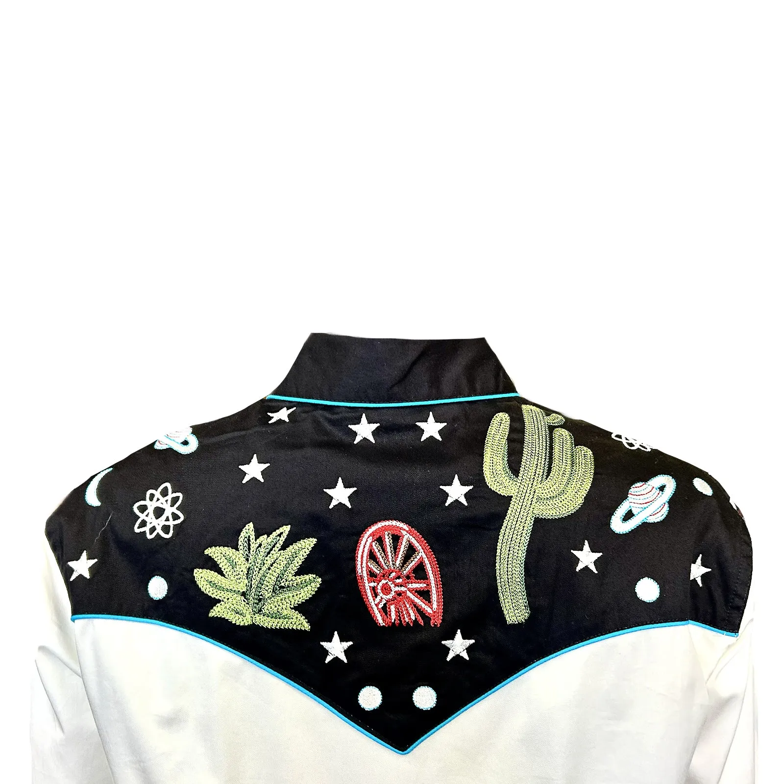 Women's Black Vintage Cactus & Stars Chain Stitch Embroidery Western Shirt