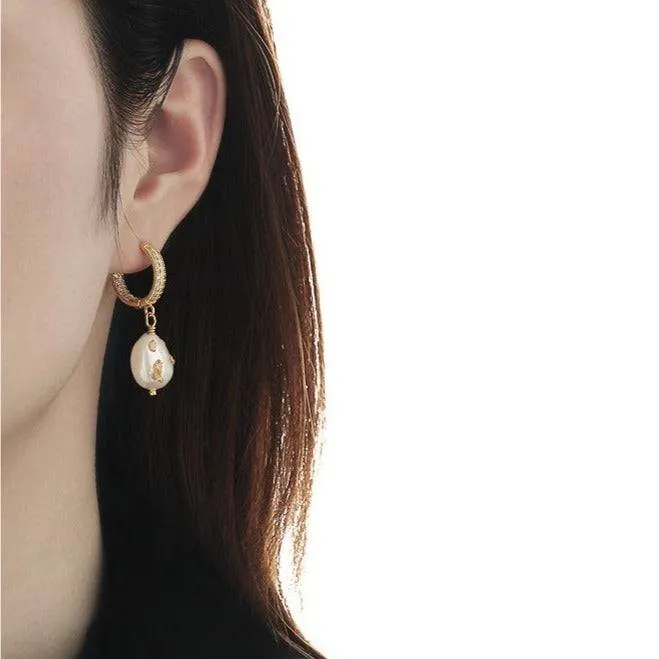 Zircon Baroque Pearl Drop Gold Foil Earrings